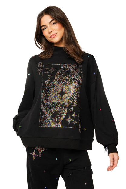 Rainbow Rhinestone QOS Card Logo Mock Neck Sweatshirt Black - Queen Of Sparkles