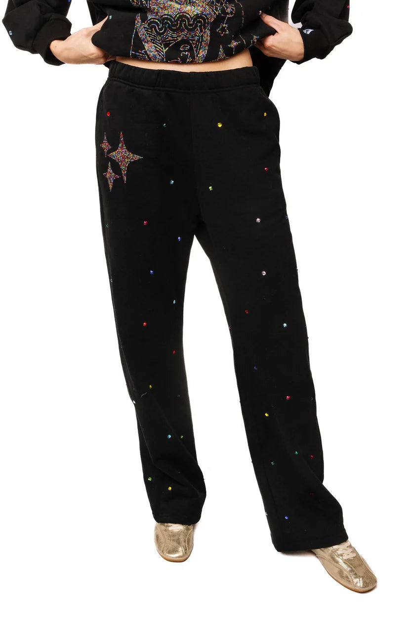 Rainbow Jeweled Sweat Pant Black - Queen Of Sparkles