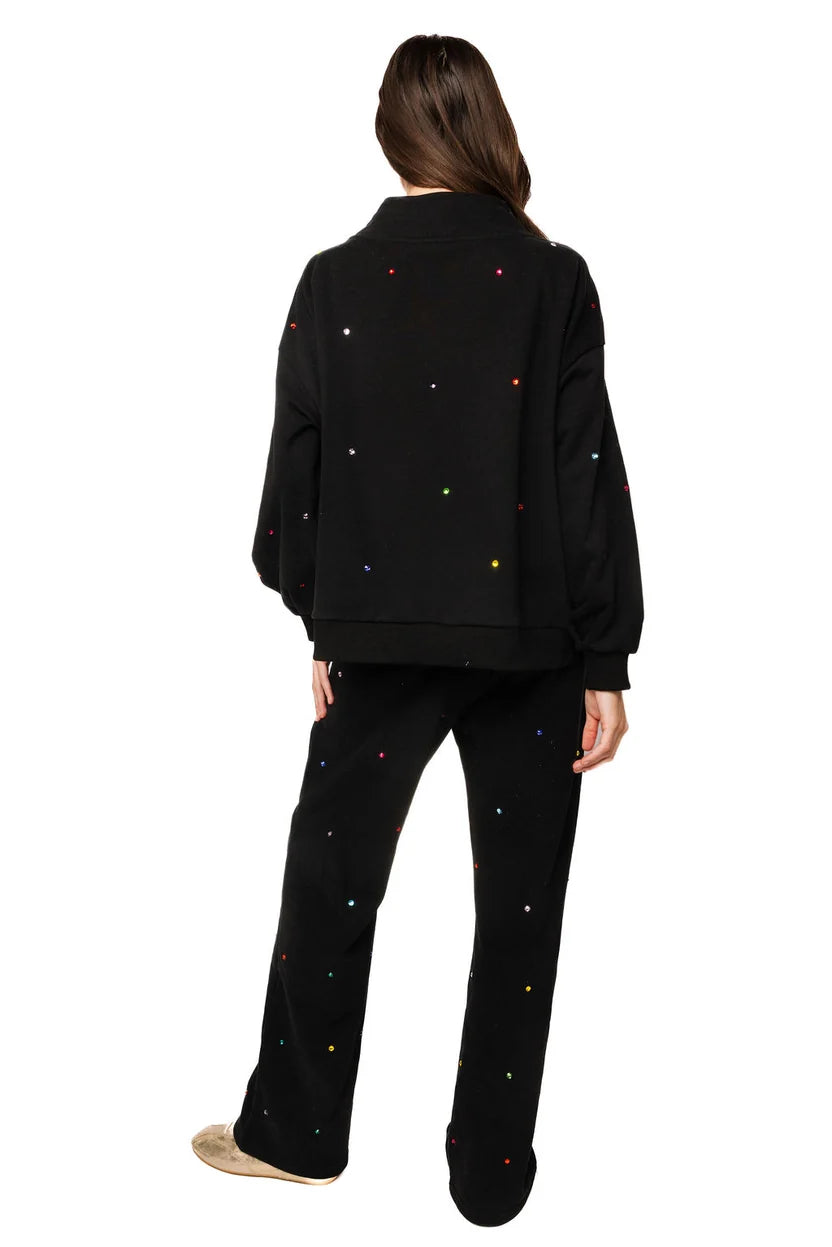 Rainbow Rhinestone QOS Card Logo Mock Neck Sweatshirt Black - Queen Of Sparkles