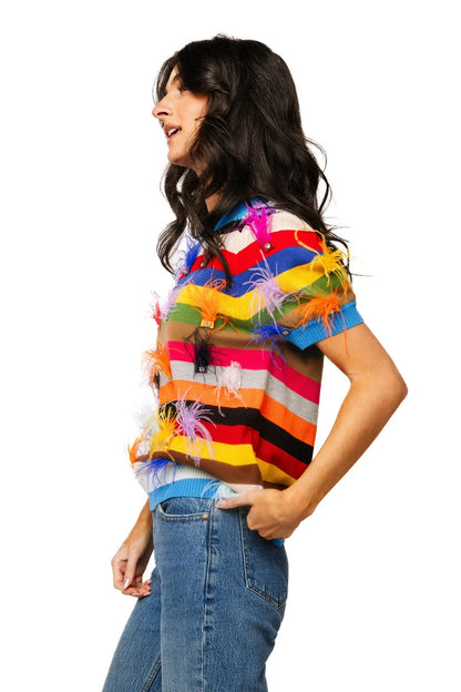 Feather Short Sleeve Sweater Multi Stripe - Queen Of Sparkles