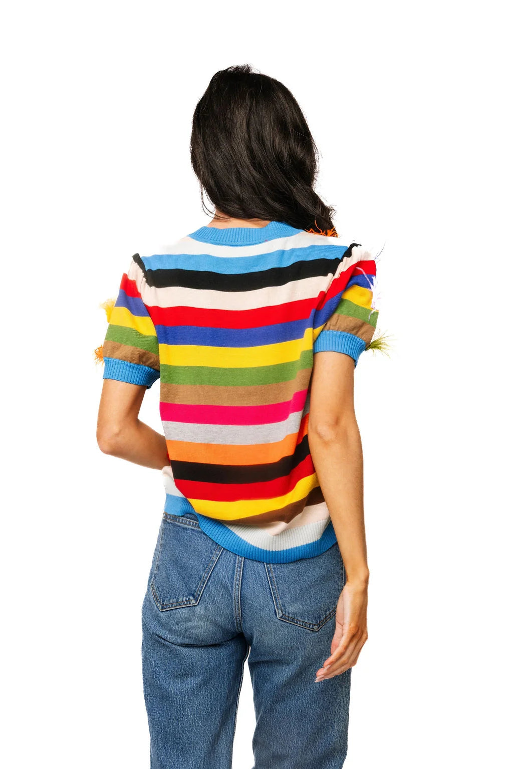 Feather Short Sleeve Sweater Multi Stripe - Queen Of Sparkles