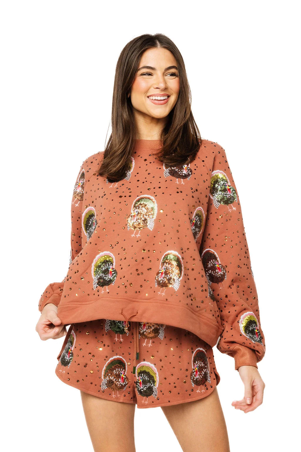 Rhinestone Scattered Turkey Sweatshirt Rust - Queen Of Sparkles