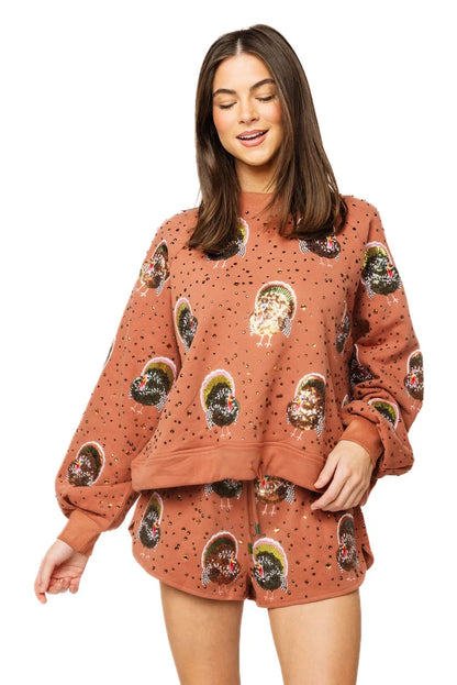 Rhinestone Scattered Turkey Sweatshirt Rust - Queen Of Sparkles
