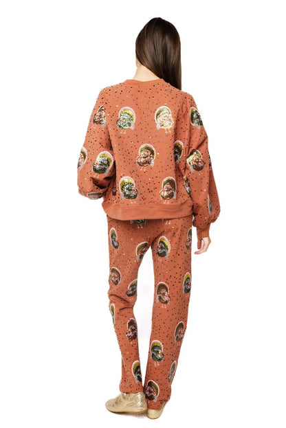 Rhinestone Scattered Turkey Sweatshirt Rust - Queen Of Sparkles
