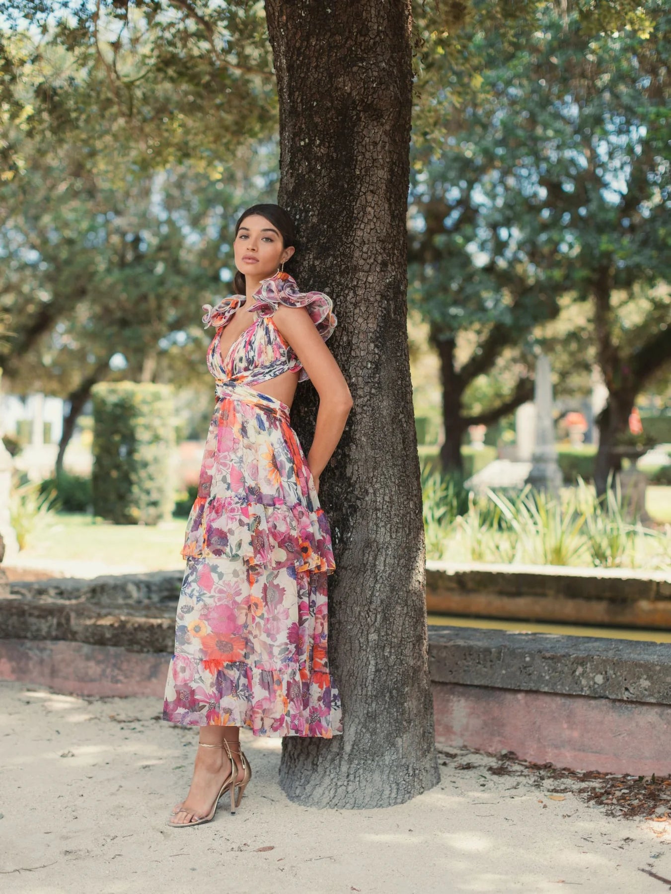 Ruffle Tiered Cut-Out Floral Chiffon Dress White Multi - MAC DUGGAL