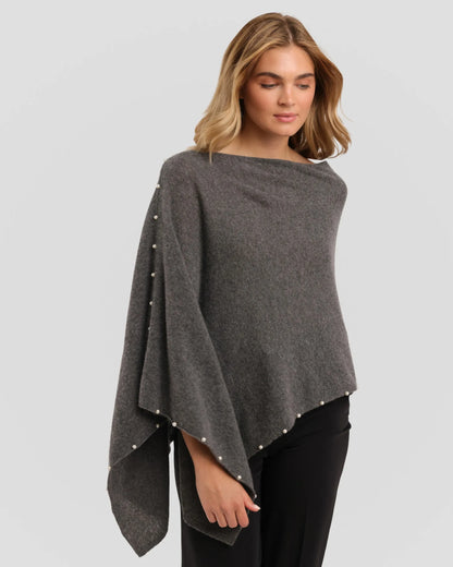 Cashmere Pearl Trim Poncho Graphite - Jackie Z Style Co.
