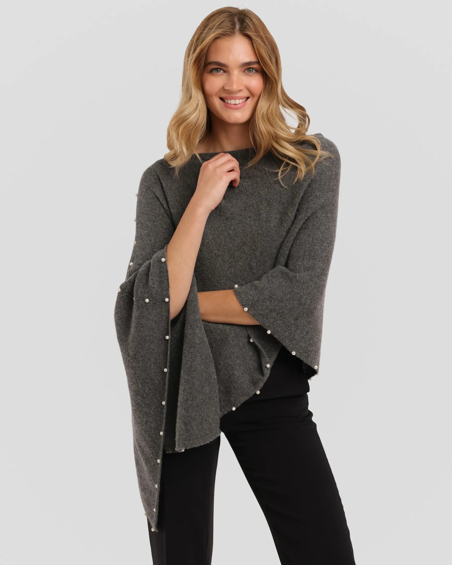 Cashmere Pearl Trim Poncho Graphite - Jackie Z Style Co.