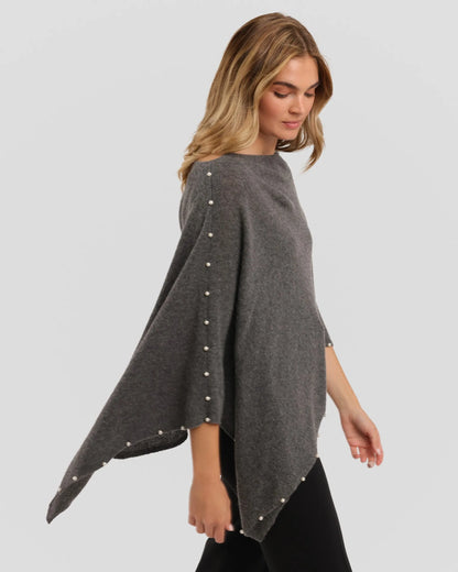 Cashmere Pearl Trim Poncho Graphite - Jackie Z Style Co.