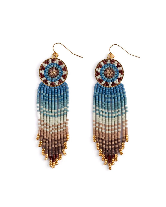 Beaded Handwoven Mandala Fringe Earrings Blue/Brown - Mayana Designs