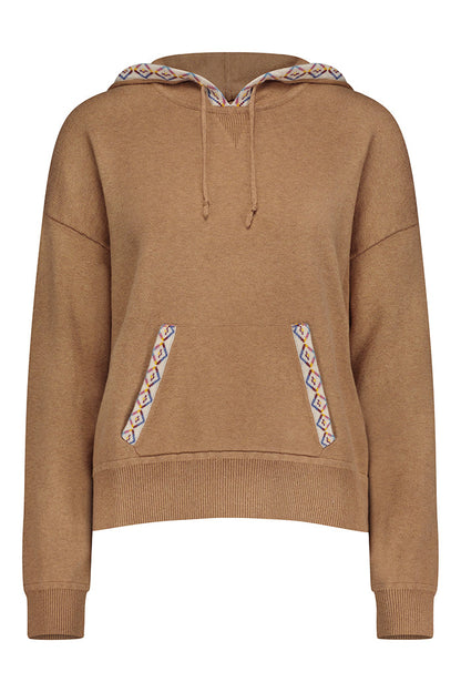 Cotton Cashmere Embroidered Fringe Hoodie Camel - Minnie Rose