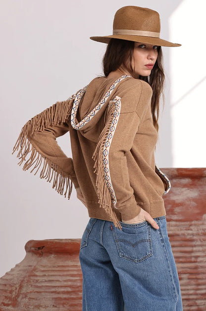 Cotton Cashmere Embroidered Fringe Hoodie Camel - Minnie Rose