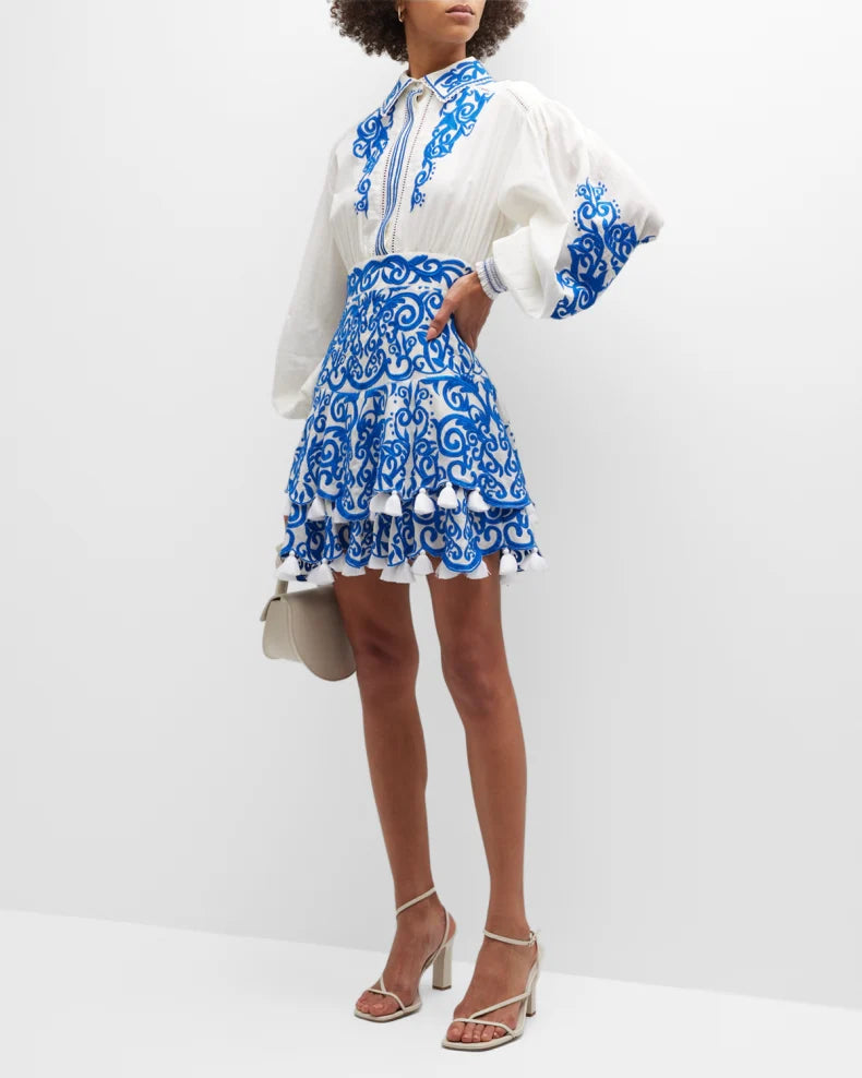 Loryn Embroidered Long Sleeve Tiered Mini Dress White/Sapphire - Alice + Olivia