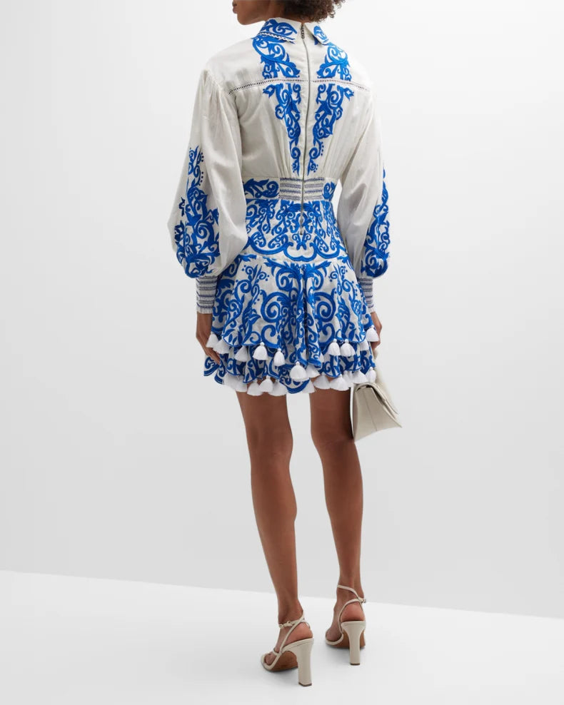 Loryn Embroidered Long Sleeve Tiered Mini Dress White/Sapphire - Alice + Olivia