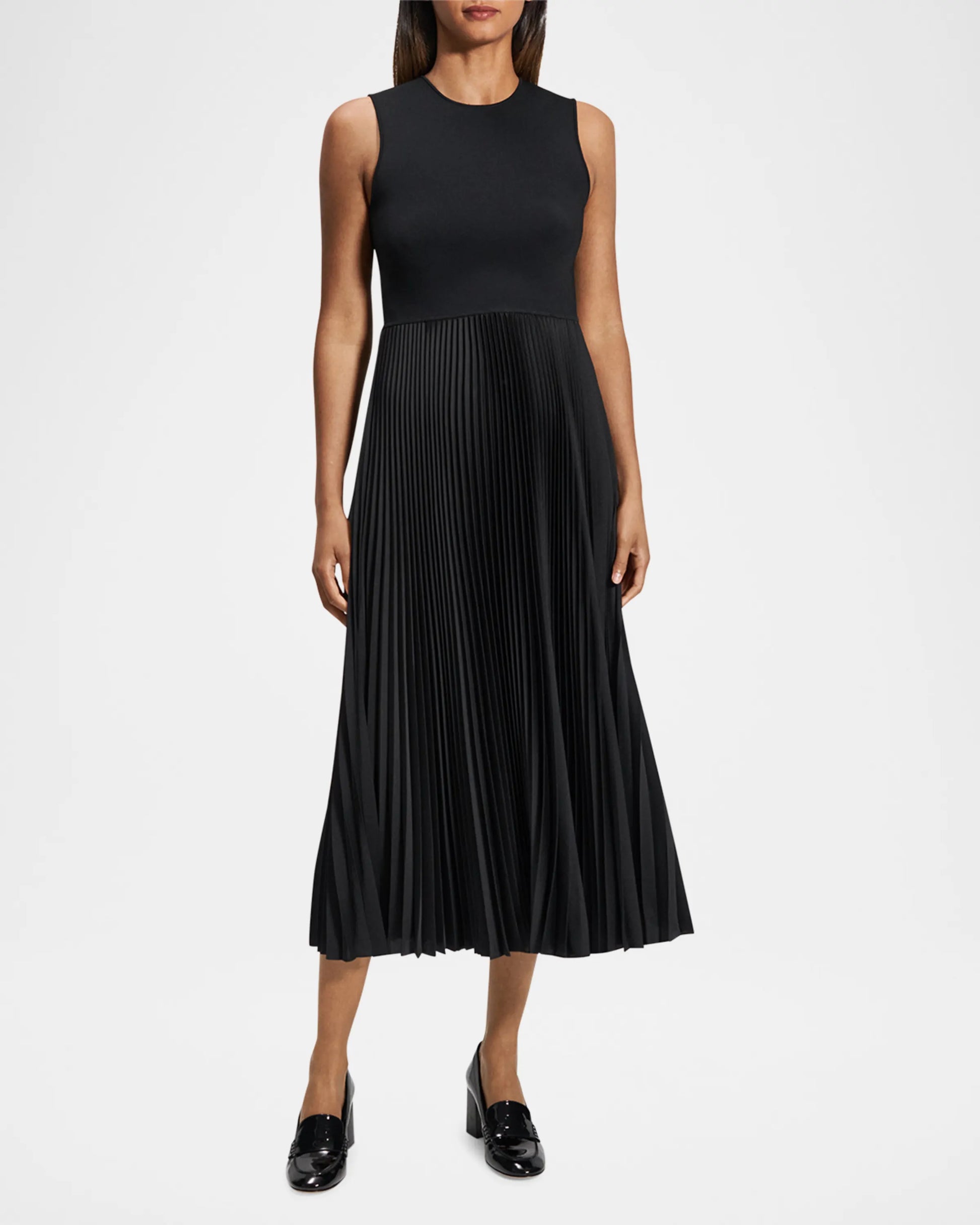 Pleated Satin Midi Dress Black