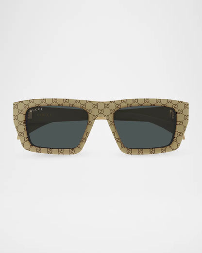 Mens Rectangular Logo Sunglasses Beige - Gucci