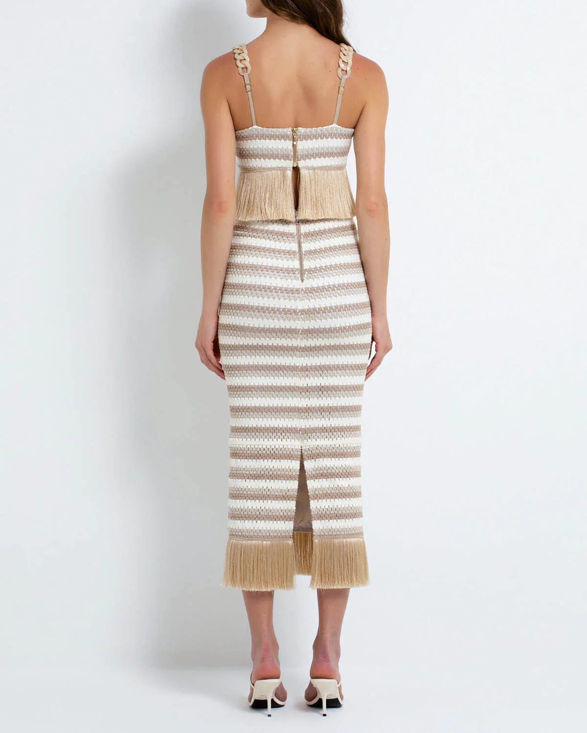Striped Crochet Fringe Trim Maxi Skirt Natural - PatBO