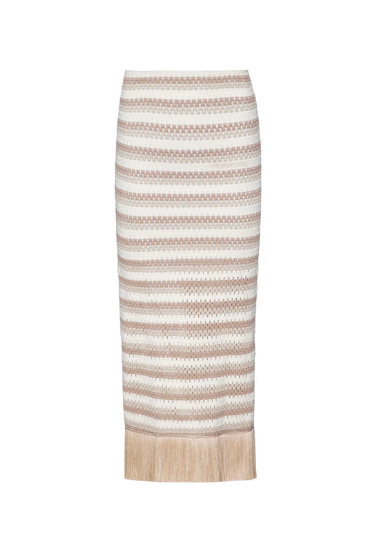 Striped Crochet Fringe Trim Maxi Skirt Natural - PatBO