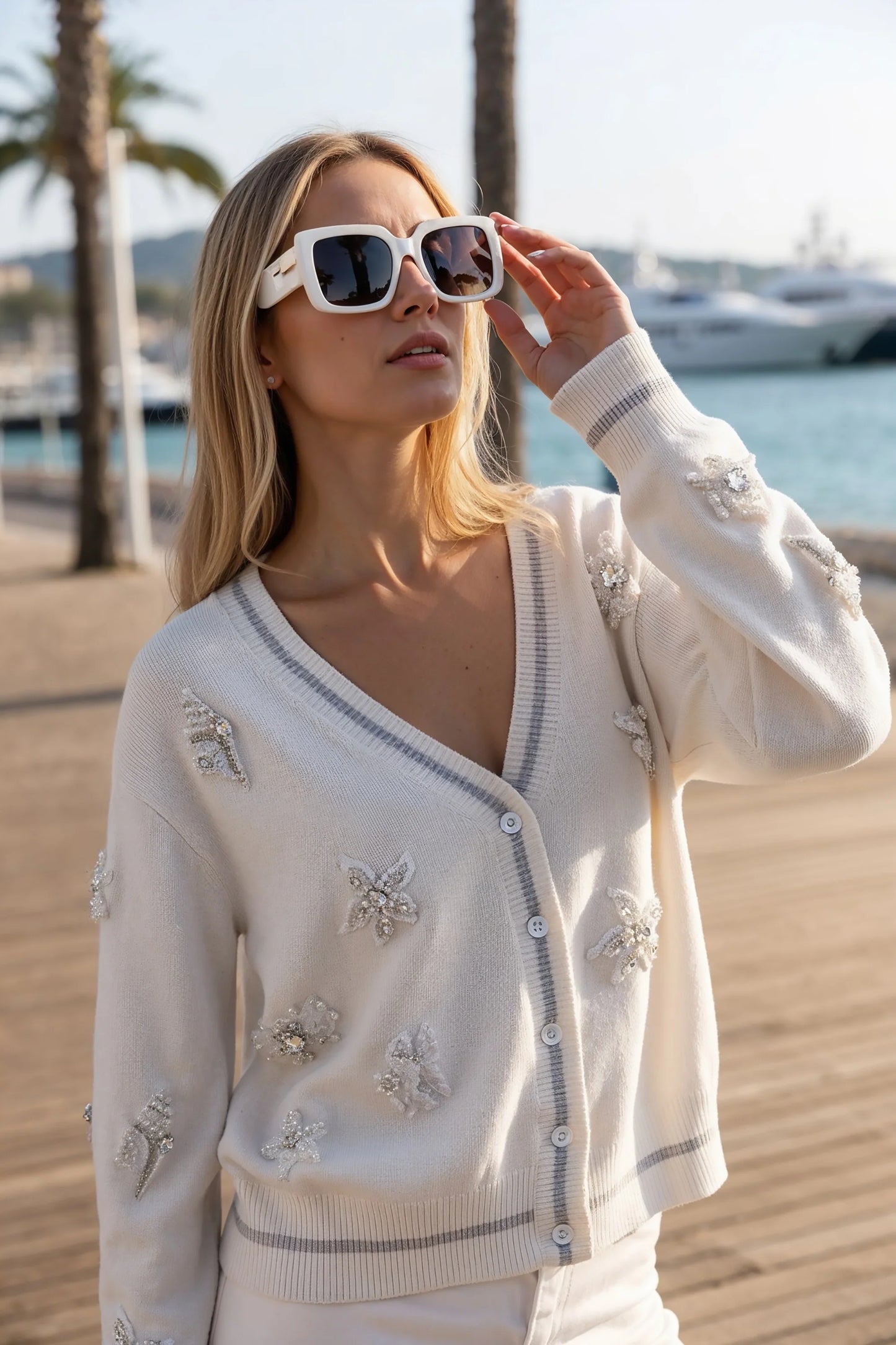 Cotton Cashmere Pearl Applique Cardigan With Sheer Tipping Starch - Minnie Rose