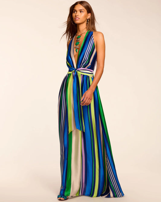 Kamil Plunging Sleeveless Maxi Dress Ultramarine Stripe - Ramy Brook