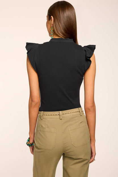 Monroe Cotton Knit Combo Flutter Sleeve Top Black - Ramy Brook