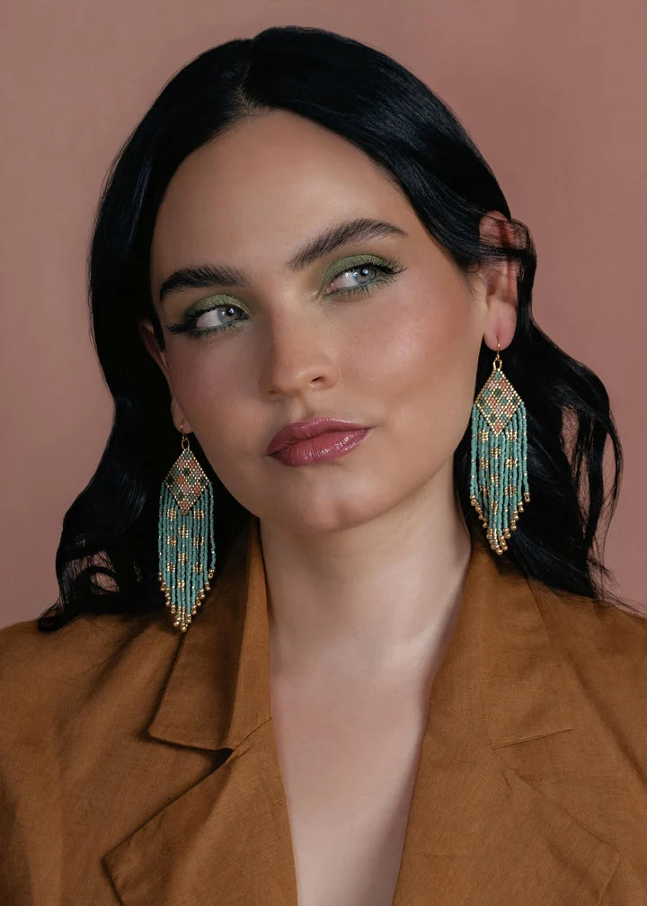 Beaded Handwoven Sari Fringe Earrings Mint - Mayana Designs