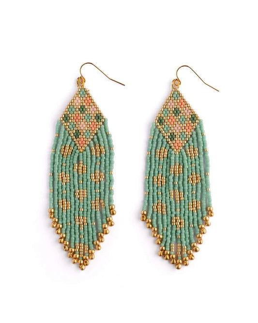 Beaded Handwoven Sari Fringe Earrings Mint - Mayana Designs