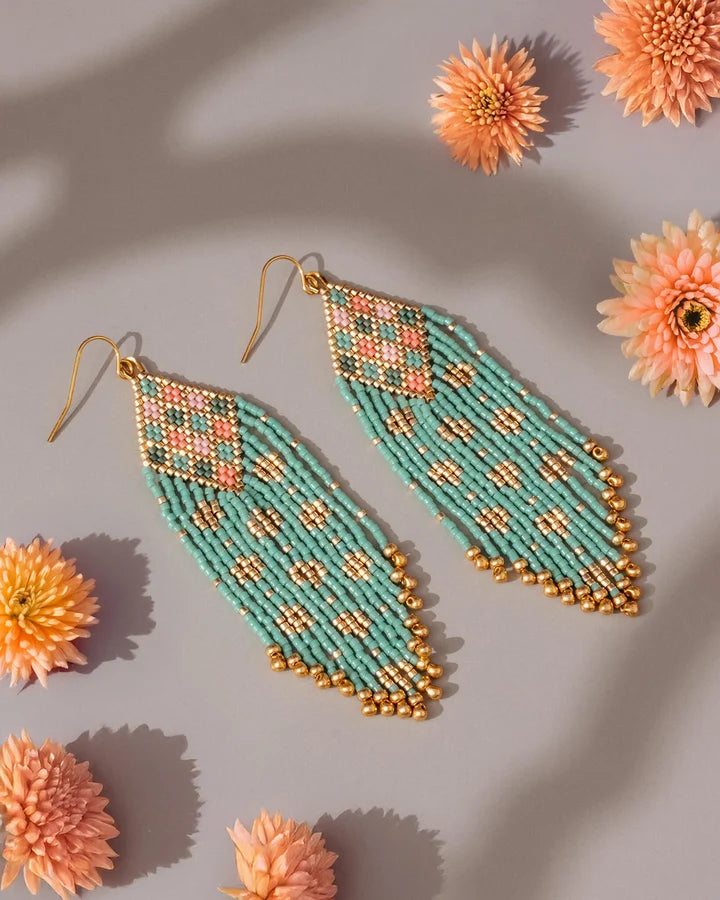 Beaded Handwoven Sari Fringe Earrings Mint - Mayana Designs
