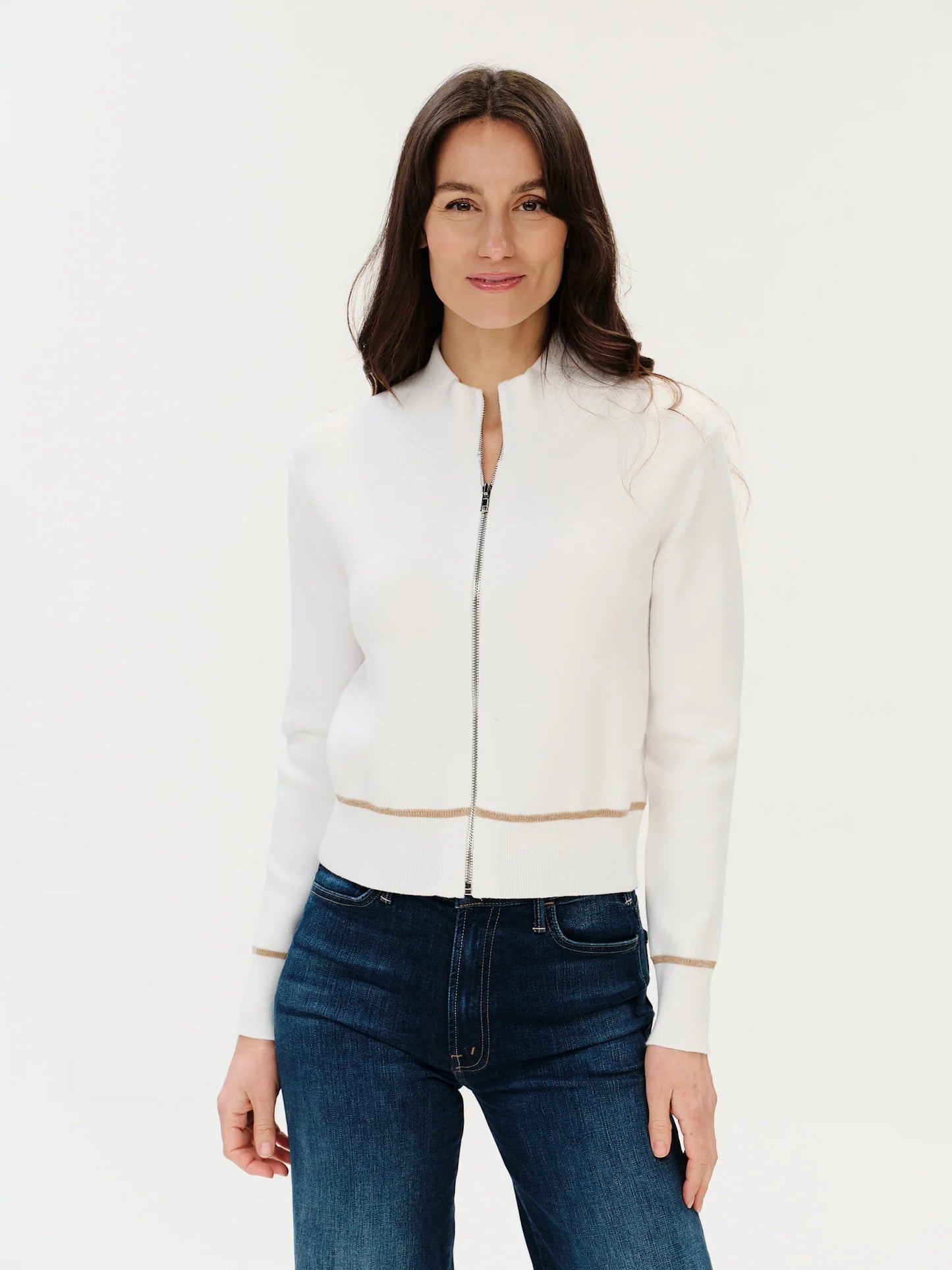 Solene Zip Up Sweater Ivory/Camel - Six Fifty Clothing