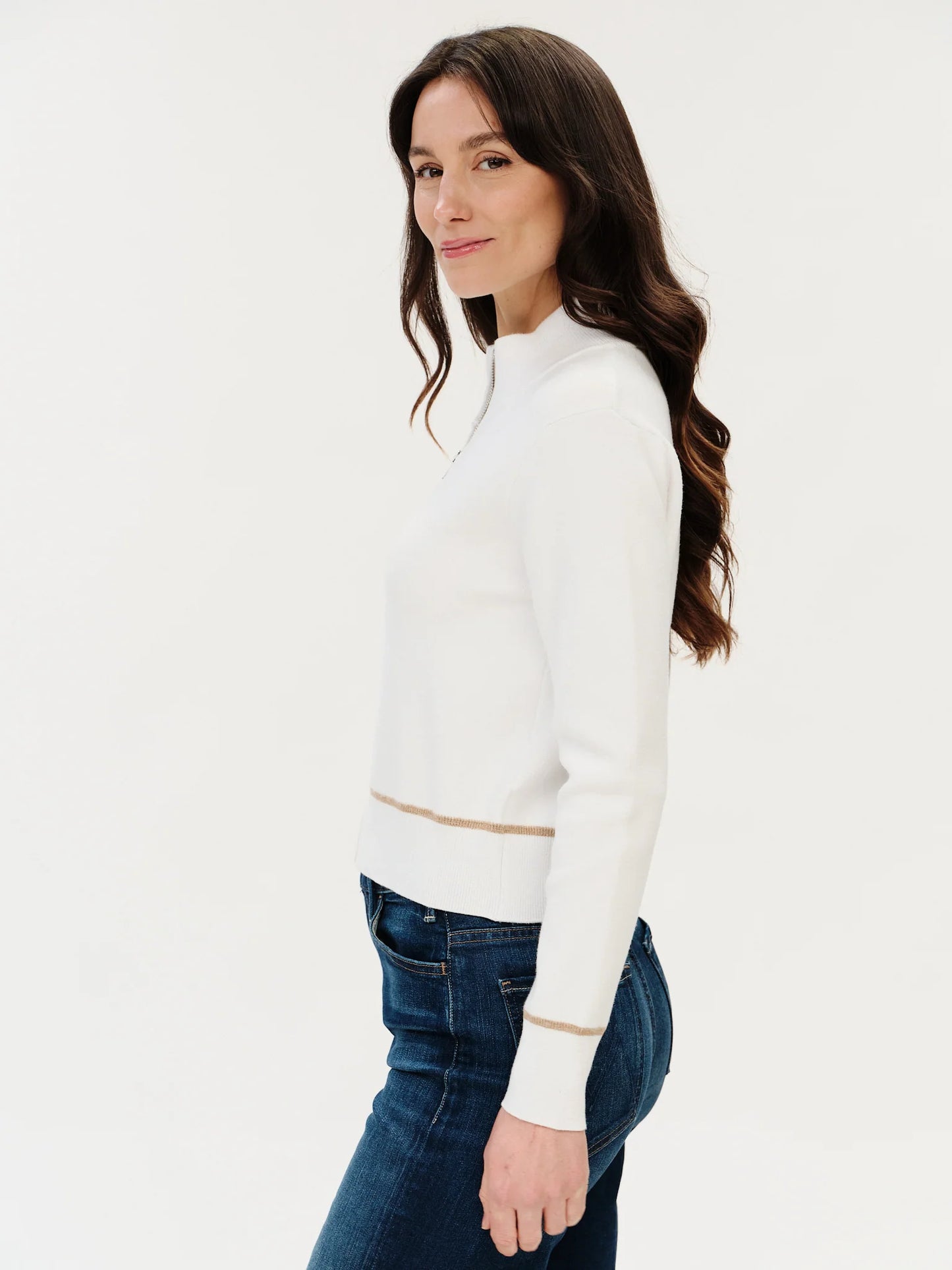 Solene Zip Up Sweater Ivory/Camel - Six Fifty Clothing