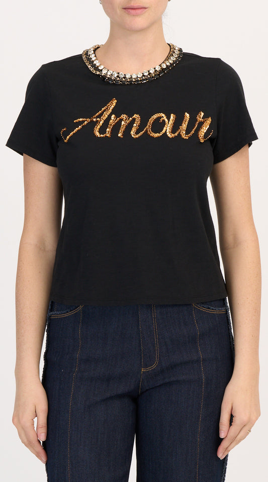 Crushed Sequin Loveletter Shrunken Tee Black/Gold - Cinq à Sept