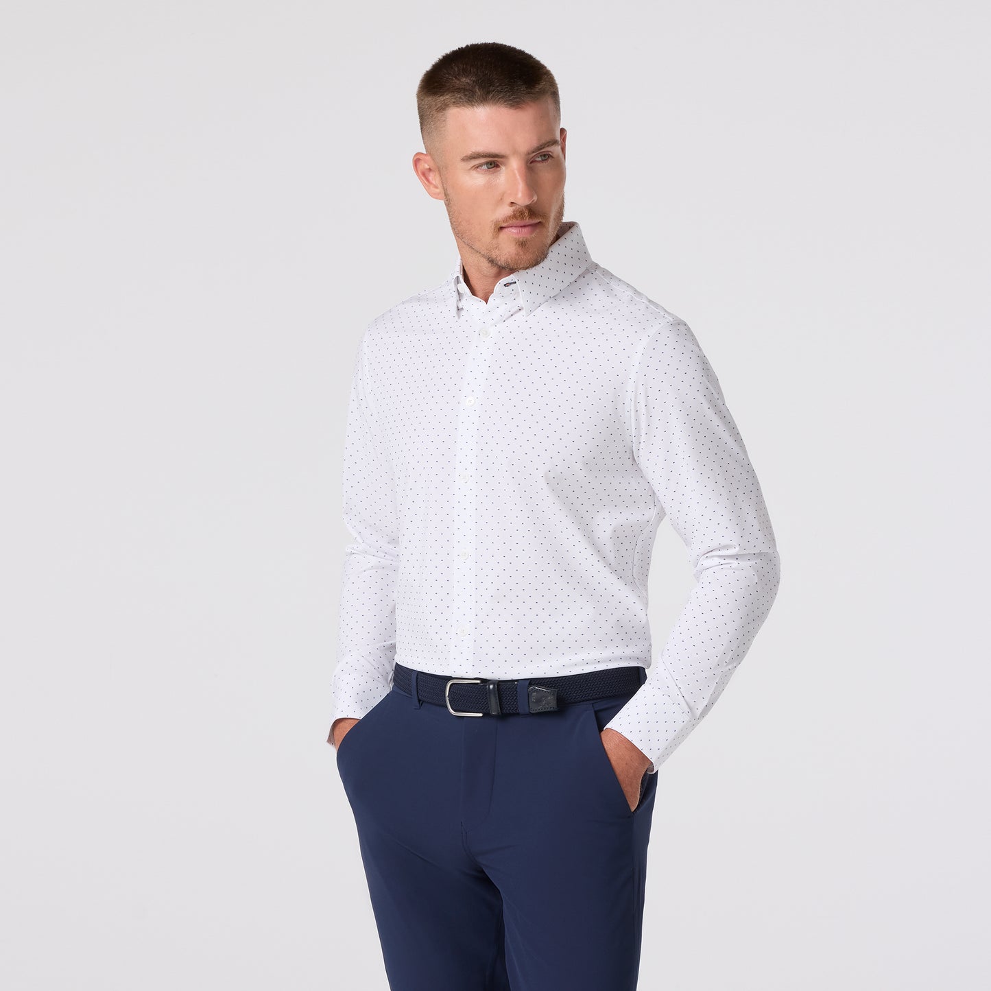 Leeward Long Sleeve Dress Shirt Navy Stacked Geo - Mizzen + Main