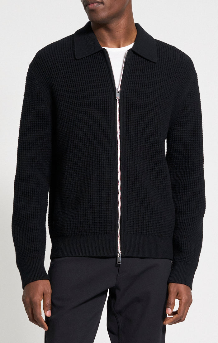 Gary Waffle Knit Zip Sweater Black - Theory Men