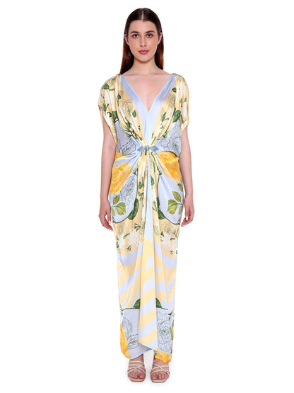 Hand Draped Gown Ice Blue And Yellow Roses Repeat Scarf - Verandah