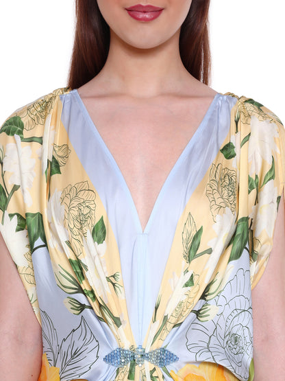 Hand Draped Gown Ice Blue And Yellow Roses Repeat Scarf - Verandah