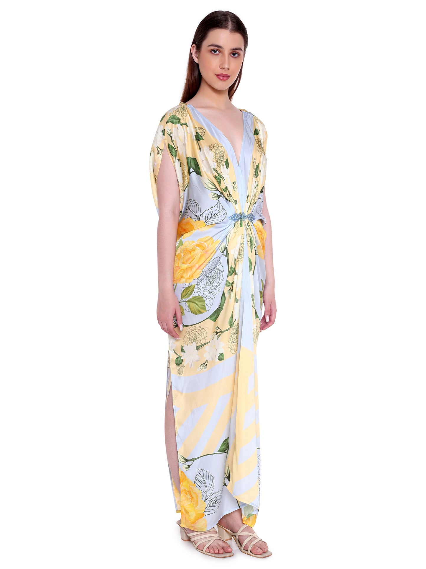 Hand Draped Gown Ice Blue And Yellow Roses Repeat Scarf - Verandah