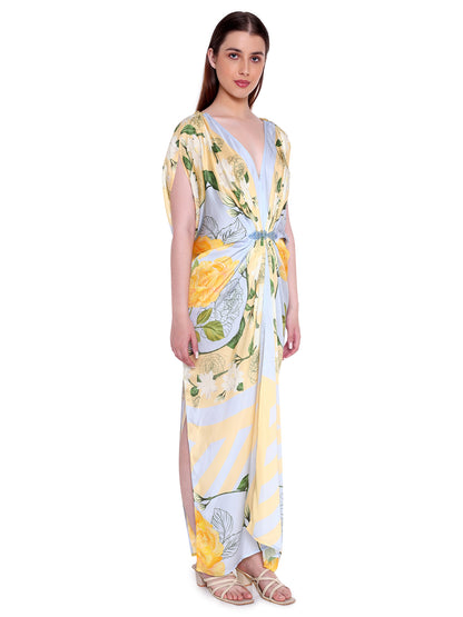 Hand Draped Gown Ice Blue And Yellow Roses Repeat Scarf - Verandah