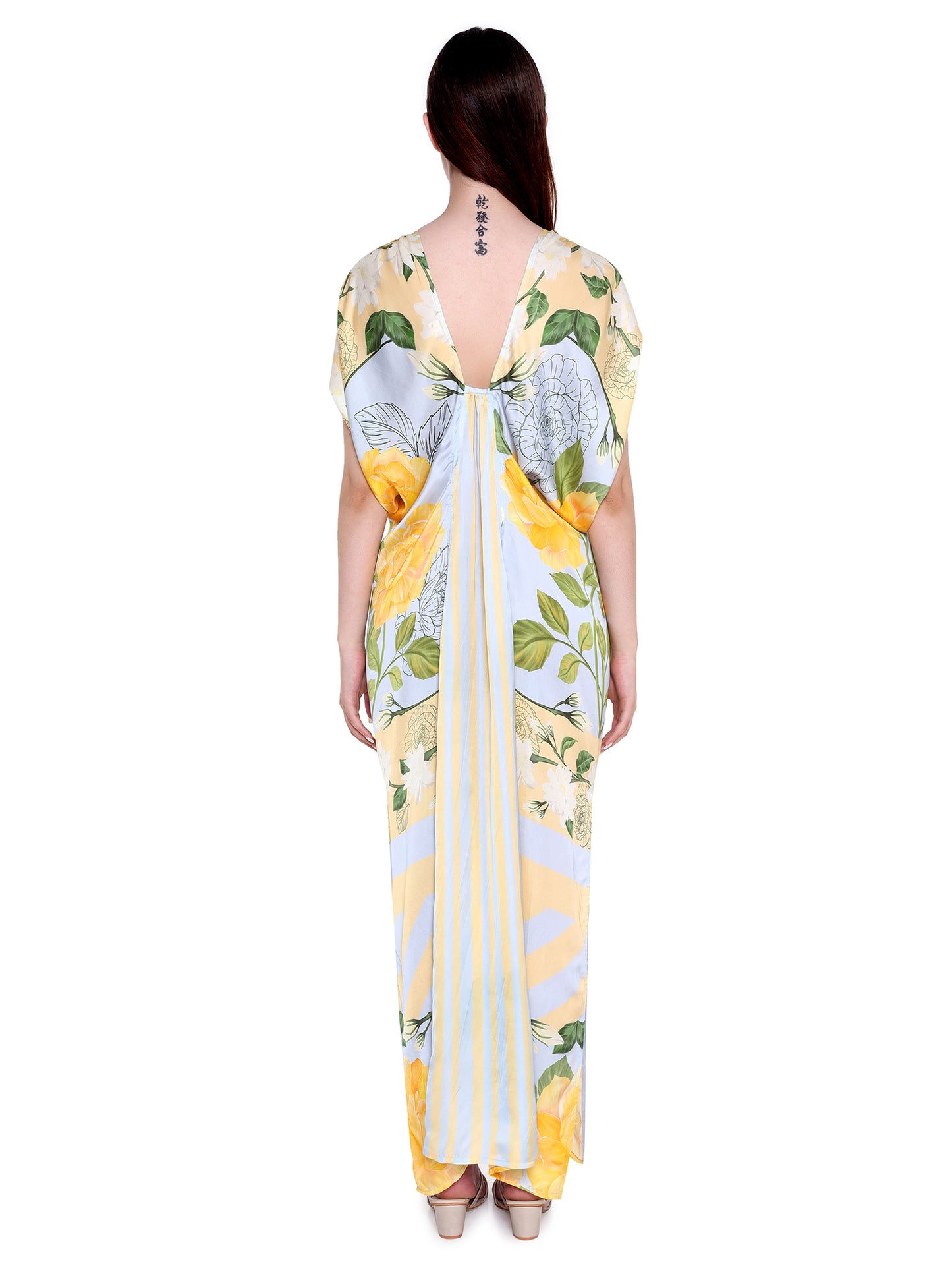 Hand Draped Gown Ice Blue And Yellow Roses Repeat Scarf - Verandah