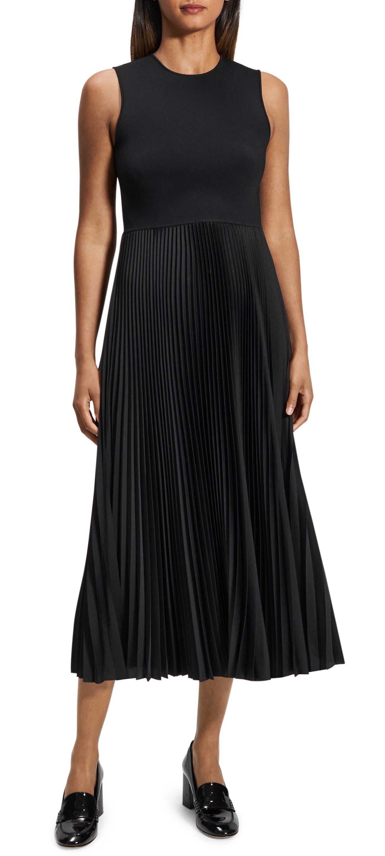 Pleated Combo Dress Textured Satin Black - Theory Women