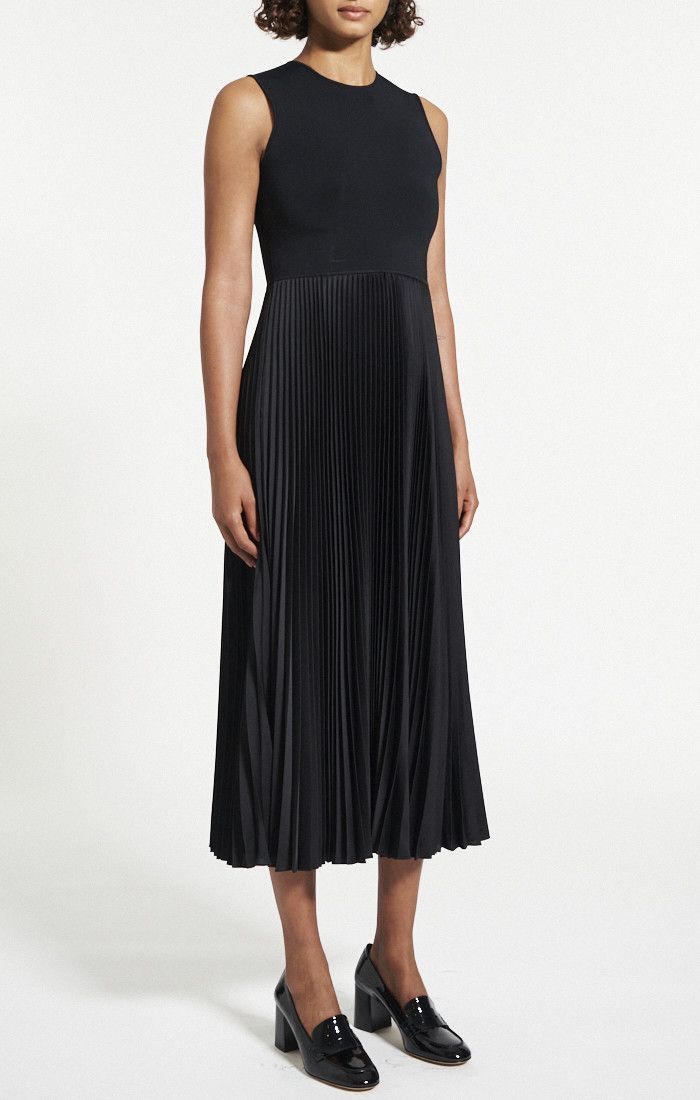 Pleated Combo Dress Textured Satin Black - Theory Women