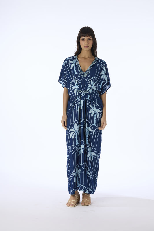 Hand Draped Kaftan Dress Navy Mono Palm and Arches - Verandah