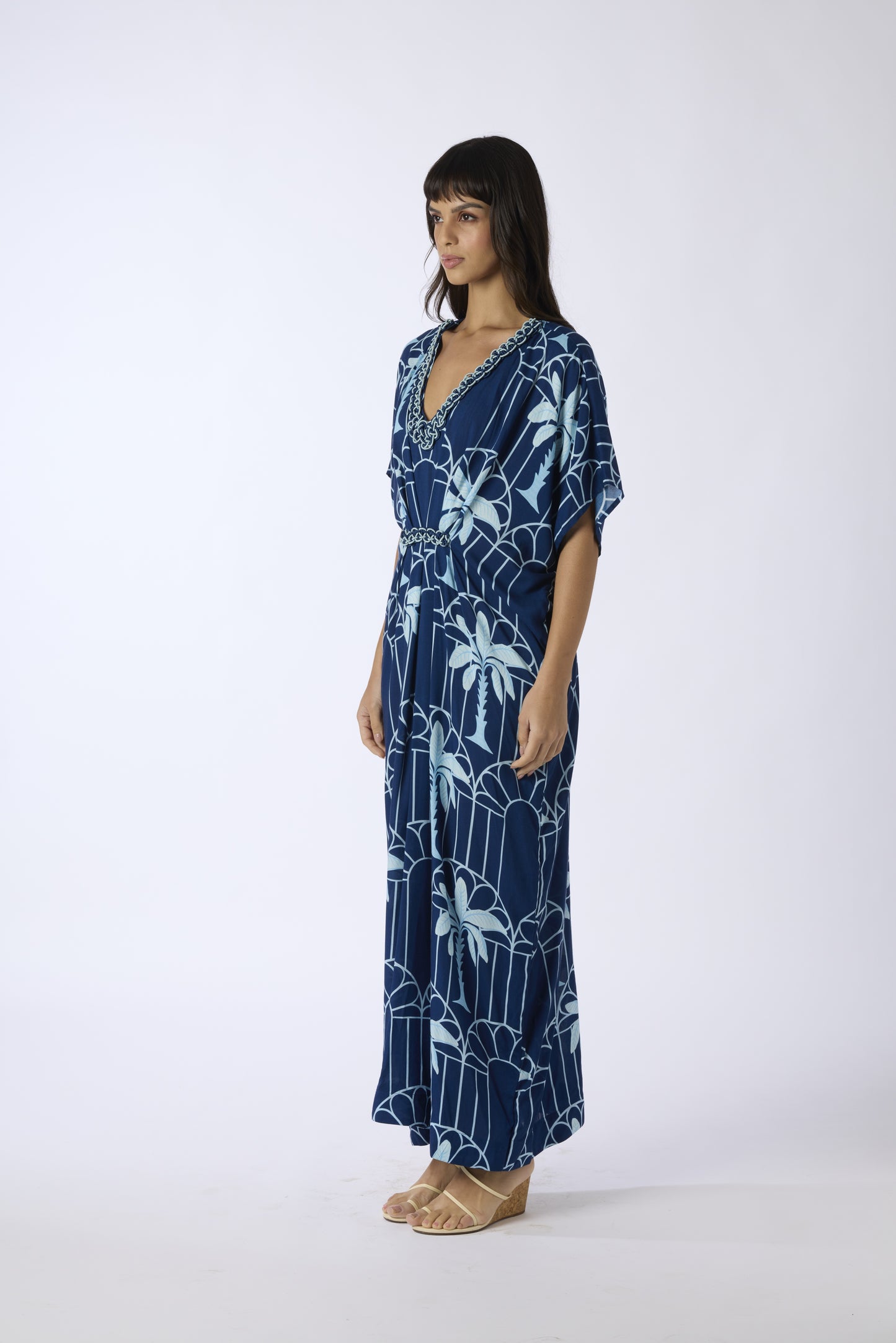 Hand Draped Kaftan Dress Navy Mono Palm and Arches - Verandah