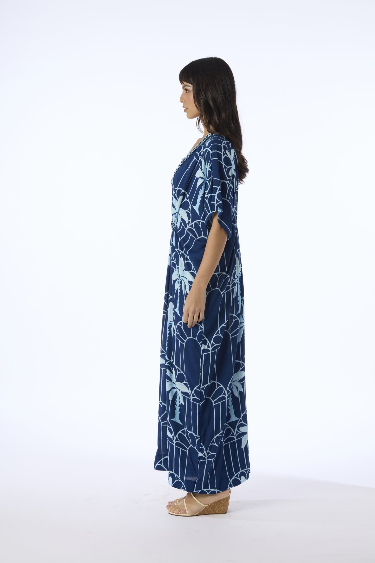 Hand Draped Kaftan Dress Navy Mono Palm and Arches - Verandah