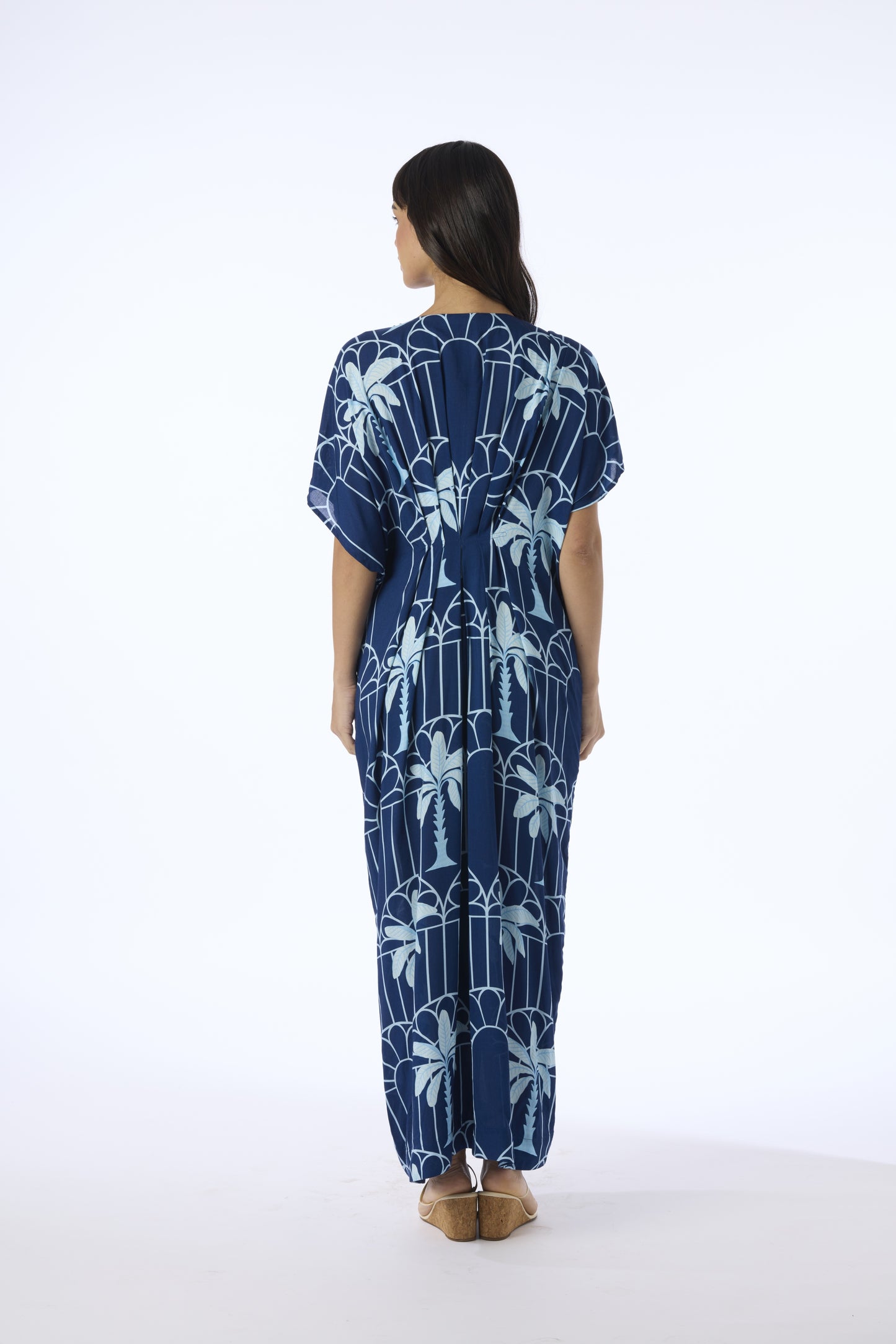 Hand Draped Kaftan Dress Navy Mono Palm and Arches - Verandah