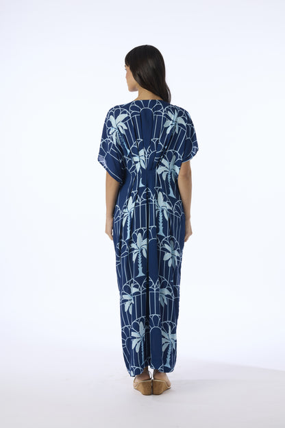 Hand Draped Kaftan Dress Navy Mono Palm and Arches - Verandah