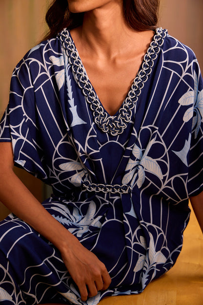 Hand Draped Kaftan Dress Navy Mono Palm and Arches - Verandah