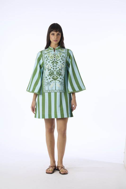 Anj Mini Dress Ice Blue/Leaf Green Floral Panel - Verandah