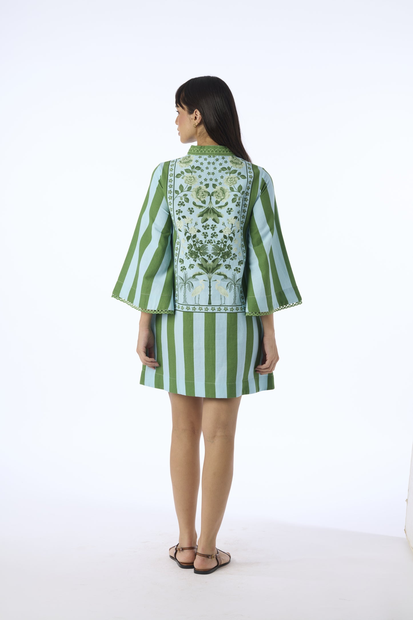Anj Mini Dress Ice Blue/Leaf Green Floral Panel - Verandah
