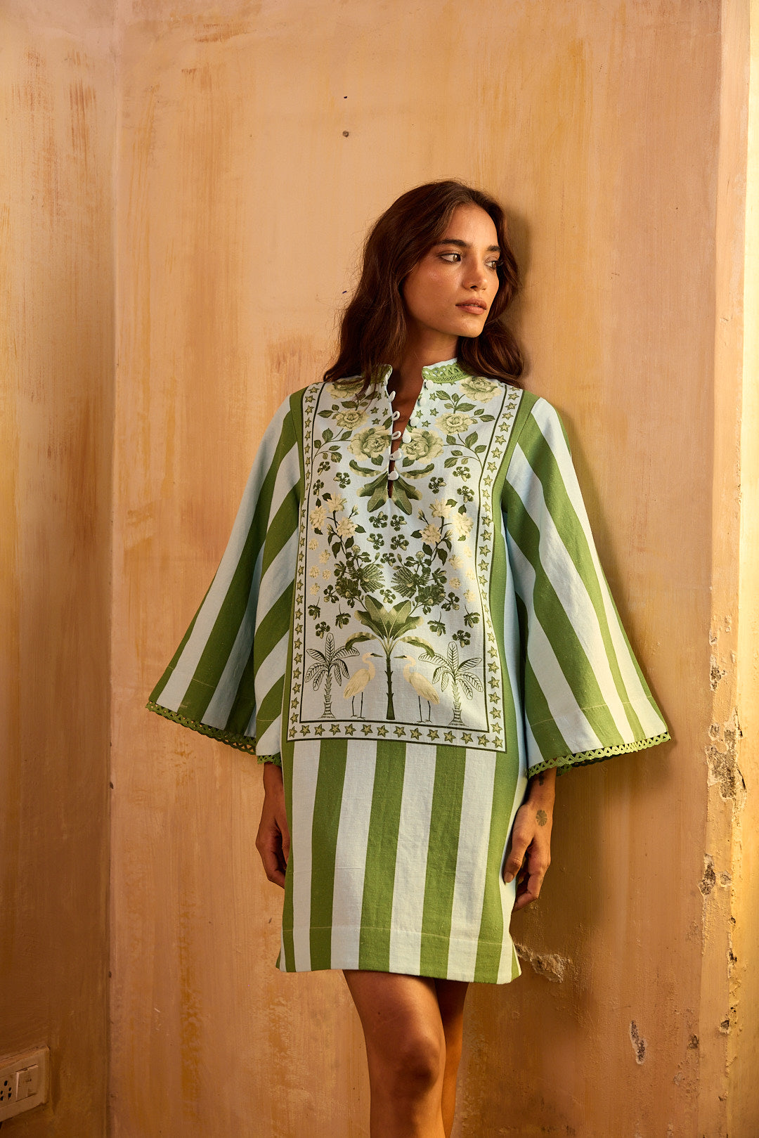 Anj Mini Dress Ice Blue/Leaf Green Floral Panel - Verandah
