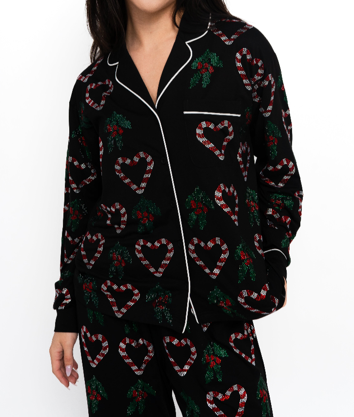 Holly & Peppermint Long Sleeve Pajama Top Black - Queen Of Sparkles