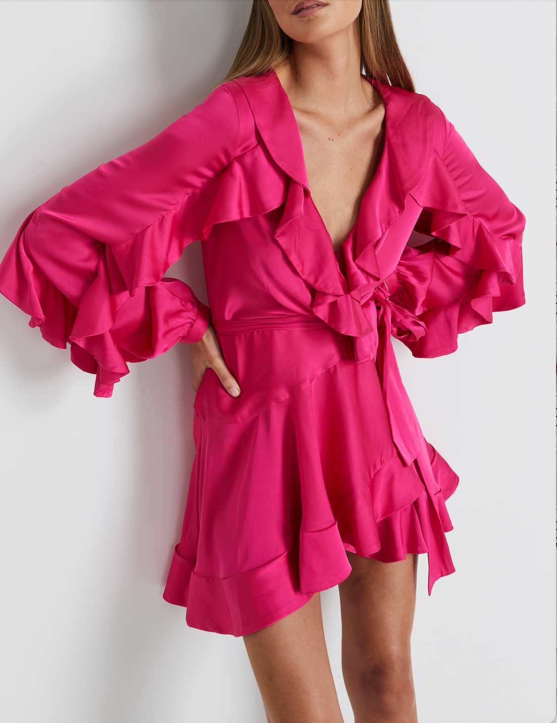 Ruffle Sleeve Mini Wrap Dress Flamingo - PatBO